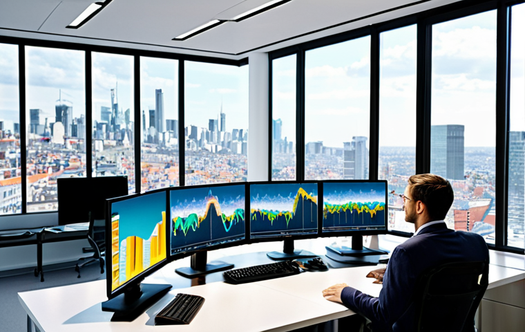**
A modern actuary's workspace: a bright, open office with large monitors displaying complex statistical models and data visualizations. The actuary, dressed in business casual attire, is analyzing trends related to climate change, with a window showing a cityscape in the background. The overall tone is forward-thinking and innovative.
**