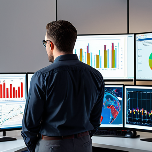 Home 14 **Image Prompt:** A modern actuary working at a bright, open-plan office. They're analyzing complex data visualizations on multiple monitors, showcasing the use of AI and machine learning in risk prediction. Include elements like financial charts, statistical models, and maybe a subtle AI icon. The scene should convey intelligence, innovation, and collaboration.