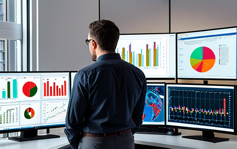 **Image Prompt:** A modern actuary working at a bright, open-plan office. They're analyzing complex data visualizations on multiple monitors, showcasing the use of AI and machine learning in risk prediction. Include elements like financial charts, statistical models, and maybe a subtle AI icon. The scene should convey intelligence, innovation, and collaboration.