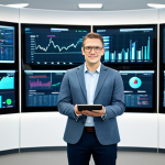 A professional actuary, fully clothed in a modest business suit, stands in a modern, bright office. Large digital screens display complex data visualizations, financial charts, and a global map, indicating a focus on data science and international scope. The actuary holds a tablet and looks confidently towards the display, embodying expertise and global engagement. Safe for work, appropriate content, fully clothed, professional dress, perfect anatomy, correct proportions, natural pose, well-formed hands, proper finger count, natural body proportions, high-quality professional photography, family-friendly.