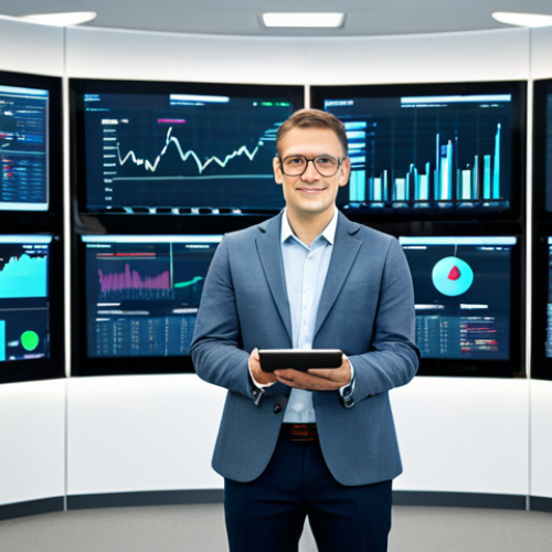 Home 28 A professional actuary, fully clothed in a modest business suit, stands in a modern, bright office. Large digital screens display complex data visualizations, financial charts, and a global map, indicating a focus on data science and international scope. The actuary holds a tablet and looks confidently towards the display, embodying expertise and global engagement. Safe for work, appropriate content, fully clothed, professional dress, perfect anatomy, correct proportions, natural pose, well-formed hands, proper finger count, natural body proportions, high-quality professional photography, family-friendly.