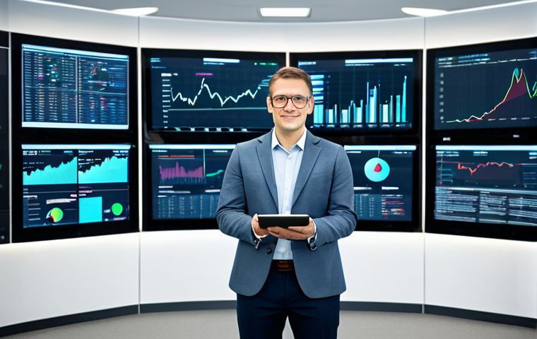 A professional actuary, fully clothed in a modest business suit, stands in a modern, bright office. Large digital screens display complex data visualizations, financial charts, and a global map, indicating a focus on data science and international scope. The actuary holds a tablet and looks confidently towards the display, embodying expertise and global engagement. Safe for work, appropriate content, fully clothed, professional dress, perfect anatomy, correct proportions, natural pose, well-formed hands, proper finger count, natural body proportions, high-quality professional photography, family-friendly.