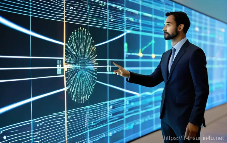 보험계리사와 혁신 기술 적용 - **Prompt:** A dynamic, wide-angle shot of a male actuary in his late 30s, dressed in a sharp, modern...