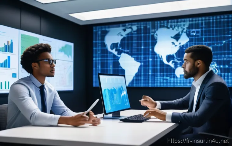 보험계리사와 보험회사 문화 - **Prompt:** A dynamic, wide shot of a diverse group of modern actuaries and data scientists collabor...