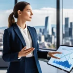 보험계리사와 신기술 활용 사례 - **Prompt:** A dynamic and modern French actuary, male or female, in a sleek, minimalist office setti...