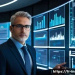 보험계리사와 수익성 분석 - An actuary, professionally dressed in modern business attire, stands in a brightly lit, contemporary...