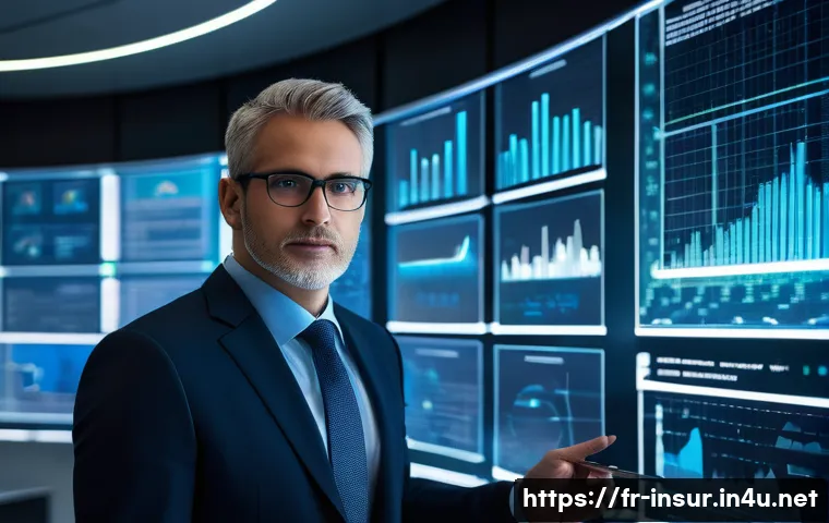 보험계리사와 수익성 분석 - An actuary, professionally dressed in modern business attire, stands in a brightly lit, contemporary...