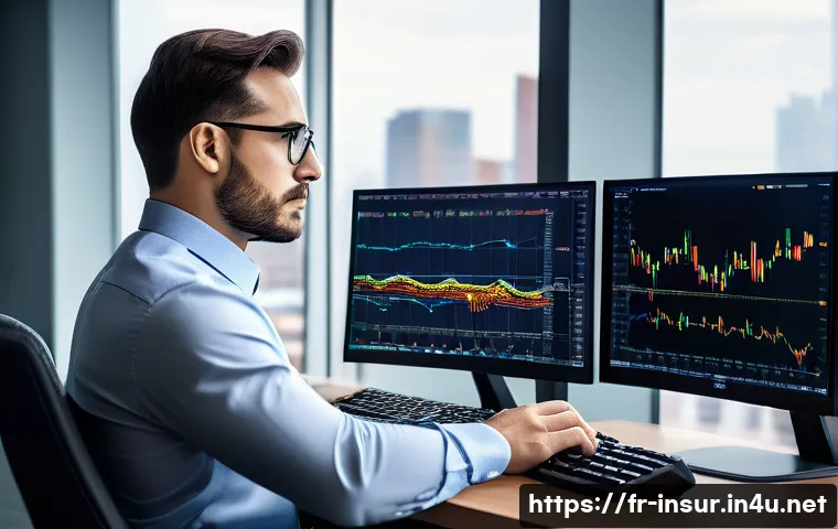 보험계리사와 상품 경쟁력 평가 - A focused male actuary in his late 30s, professionally dressed in a crisp shirt, sits at a sleek, mi...