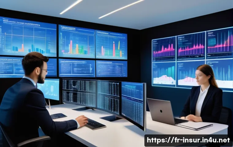 보험계리사와 실시간 리스크 분석 - A modern financial analyst office scene in Paris, featuring professionals in business attire working...