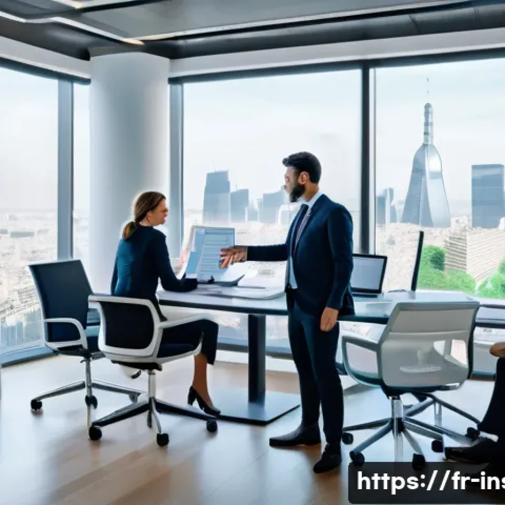 보험계리사와 상품 출시 프로세스 - A modern office scene showing a diverse team of insurance professionals collaborating around a large...