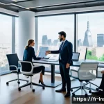 Home 21 보험계리사와 상품 출시 프로세스 - A modern office scene showing a diverse team of insurance professionals collaborating around a large...