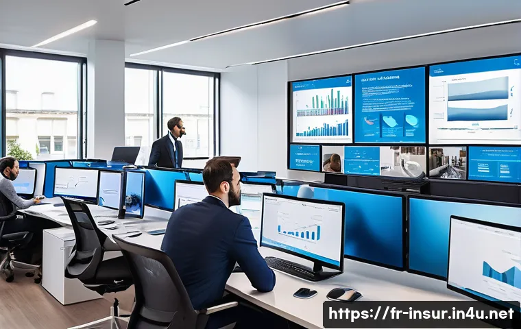 보험계리사와 데이터 기반 의사결정 - A modern French insurance office environment showcasing actuaries collaborating with data scientists...