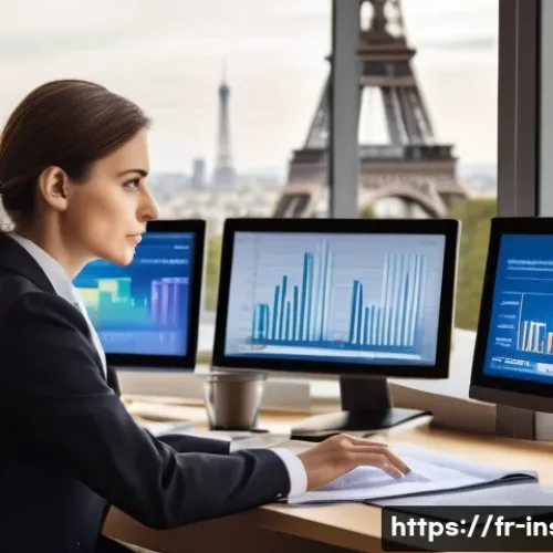 Home 30 보험계리사 재무제표 읽기 - A detailed professional office scene featuring a French actuary analyzing financial statements on mu...