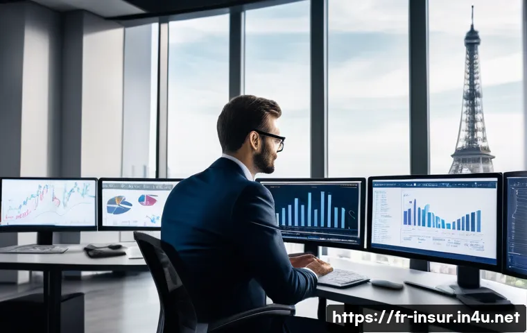 보험계리사 퇴사 후 대안 - A professional French financial risk manager in a modern Paris office, dressed in smart business att...