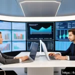 보험계리사와 크레딧 리스크 - A modern financial analyst office scene in Paris, featuring a diverse team of professionals collabor...
