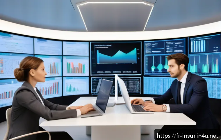 보험계리사와 크레딧 리스크 - A modern financial analyst office scene in Paris, featuring a diverse team of professionals collabor...