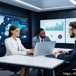 보험계리사와 산업 간 협업 사례 - A modern insurance company office scene showing a diverse team of actuaries and IT specialists colla...