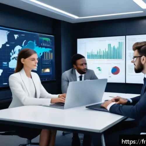 보험계리사와 산업 간 협업 사례 - A modern insurance company office scene showing a diverse team of actuaries and IT specialists colla...