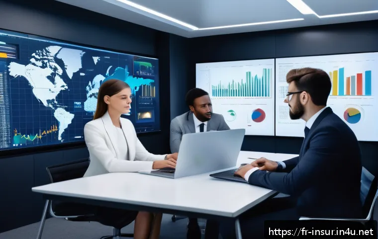 보험계리사와 산업 간 협업 사례 - A modern insurance company office scene showing a diverse team of actuaries and IT specialists colla...