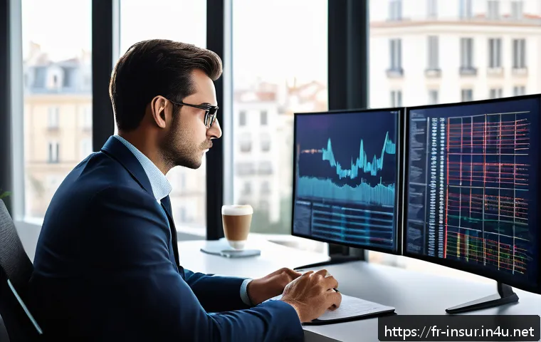 보험계리사와 재보험의 이해 - A sophisticated actuarial analyst office scene showing a professional at a modern desk surrounded by...