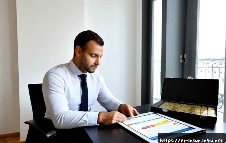 보험계리사와 리스크 분산 전략 - Photorealistic French actuarial professional in a modern Paris office, calmly reviewing a large risk...