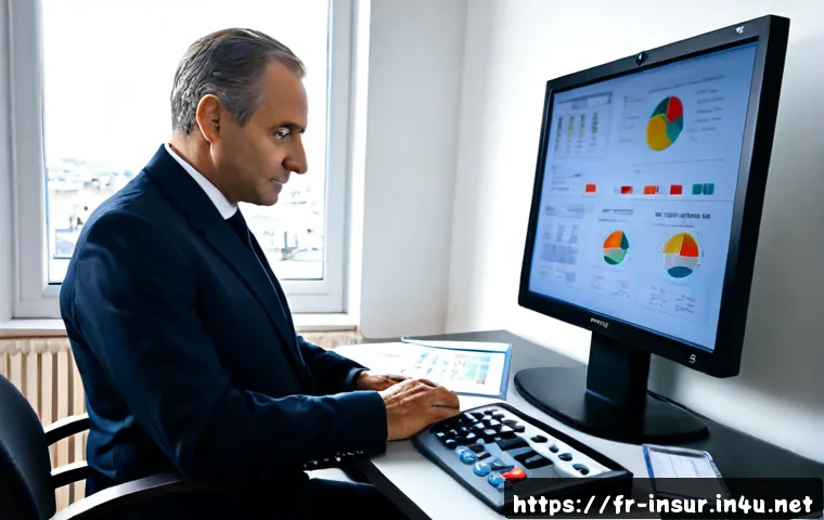 보험계리사와 산업 변화 대응법 - Photorealistic French insurance actuary in a modern Paris office, confident middle-aged professional...